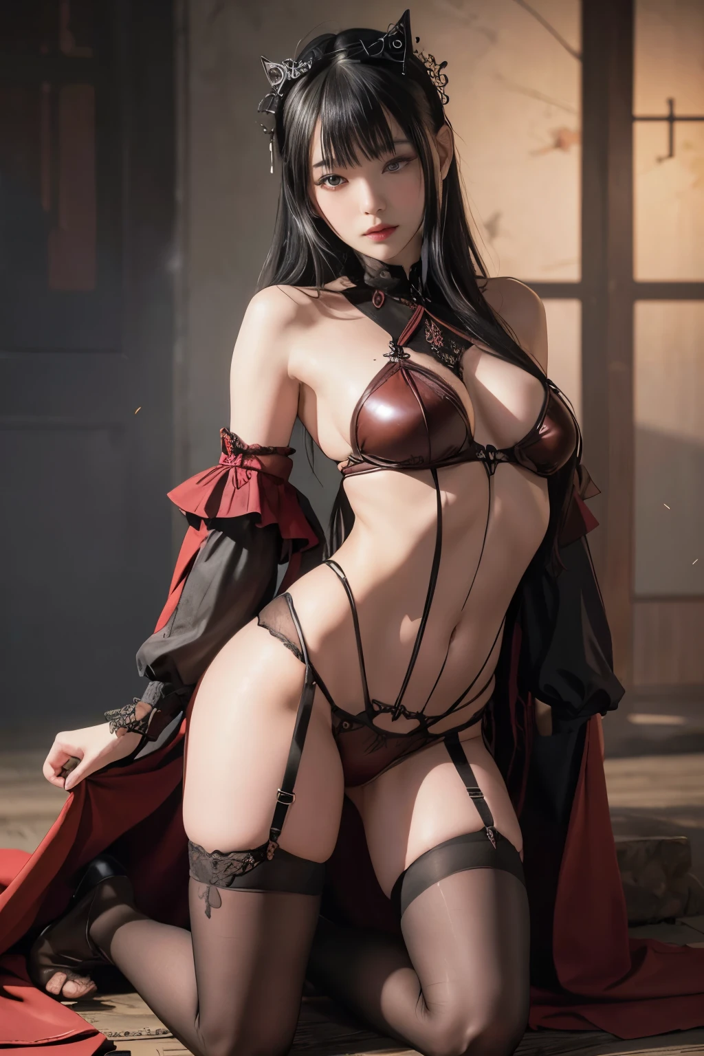 highest quality, masterpiece, Ultra-high resolution, (Reality: 1.9), (((Absolute full-length image,Front view))),Japan Maiden 、 ((Ultra-Realistic Details)) 、 Portrait 、 Global Illumination 、 Shadow 、 Octane Rendering 、 In 8K 、 Ultra Sharp 、 ( Crimson leather corset and panties、garter belt)、 ((Bondage meets goth)) 、Intricate decorative details 、 Cool colors 、 Very intricate detail 、 Realistic Light 、 CG Trends、Sparkling Eyes、Facing the camera、Small breasts、Full body upright pose、The background is the cathedral