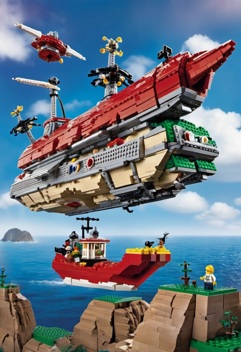 (Magazine cover :1.2)(best quality, high resolution, Lego ship floating in the sky,cliff