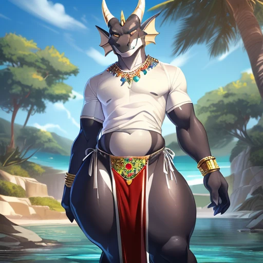 hi res,(((dragon, furry))), (  ), anthro, , , ((((long loincloth)))), ((((lingerie bikini, s\ex\y bikini, side-tie panties, tiny black thong)))), (((( male,  , anthro, slim, skinny, )))), male, , anthro, , slim, Skinny, tail, adults, mature, (((male))), (((((((((solo))))))))) outside, plant, standing, sea, tree, (water), detailed background,by milkytiger1145,by takemoto arashi,by null-ghost, cold atmosphere, open smile, soft  blush, , ((((((((wearing white tshirts)))))))), ((((((((( thighs, thick thighs, wide hips))))))))), (((((golden accessory, loincloth accessory, loincloth jewelry, jewels and ornaments for loincloth, s\ex\y loincloth, belly dancer outfit, long pelvic curtain, narrow loincloth)))))