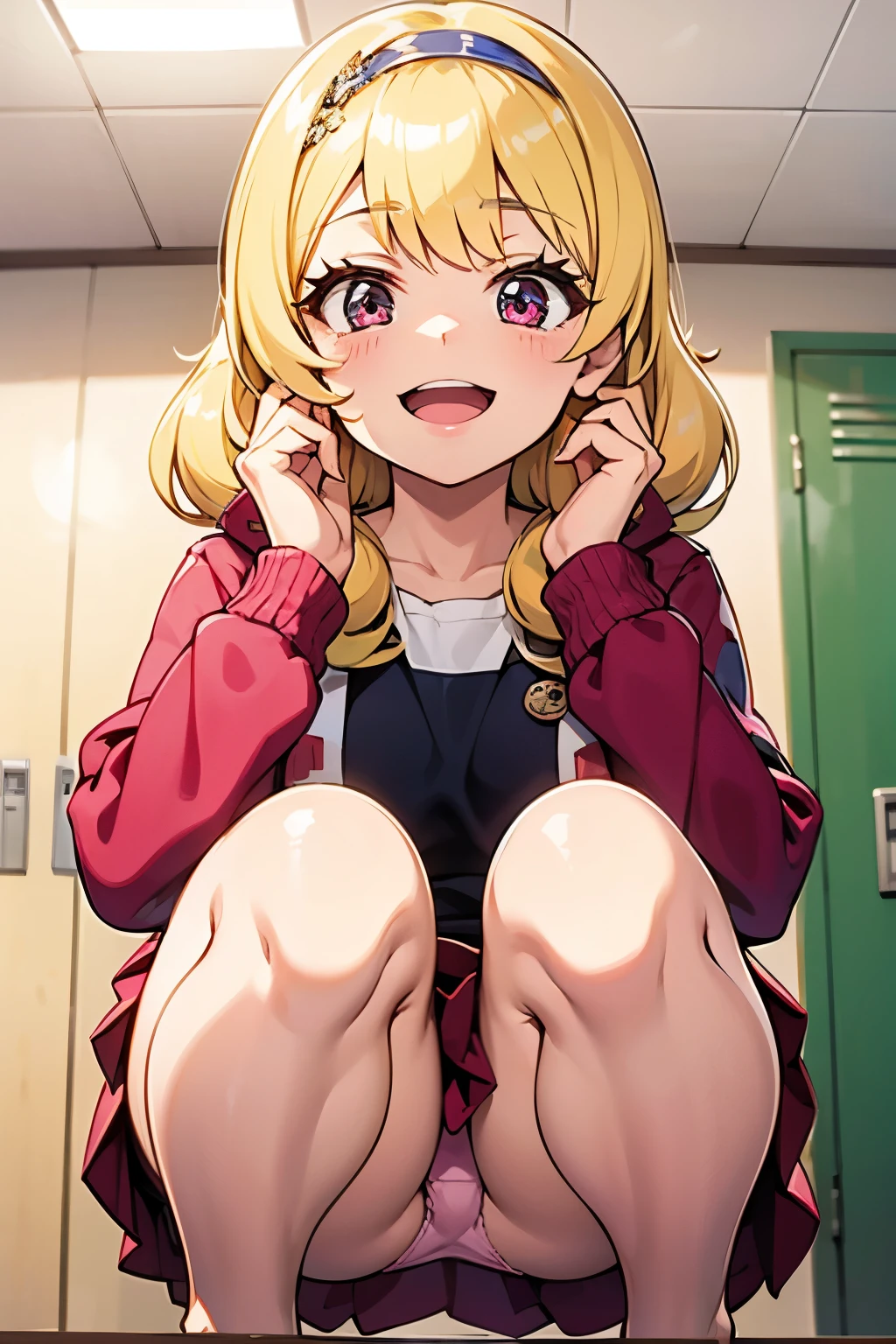 from front,focus on panties,fine underwear,black panty,flat chest
,BREAK,
hinata yume, blonde hair, red skirt, big eyes,
,BREAK, 
{{{shaded face}}}, naughty smile, mock, smile big, happy smile, open mouth, looking down at viewer, masterpiece,absurderes, beautiful detailed face
,BREAK,
,Squat,looking down at viewer,Squatting, 
((masutepiece,hight resolution)), masutepiece, Best Quality, , absurderes, Perfect Skin, Detailed skin texture, ultra-detailliert, 8K, Intricate details, beautifull detailed face,hight resolution, 1girl ,from front.
indoors,locker room