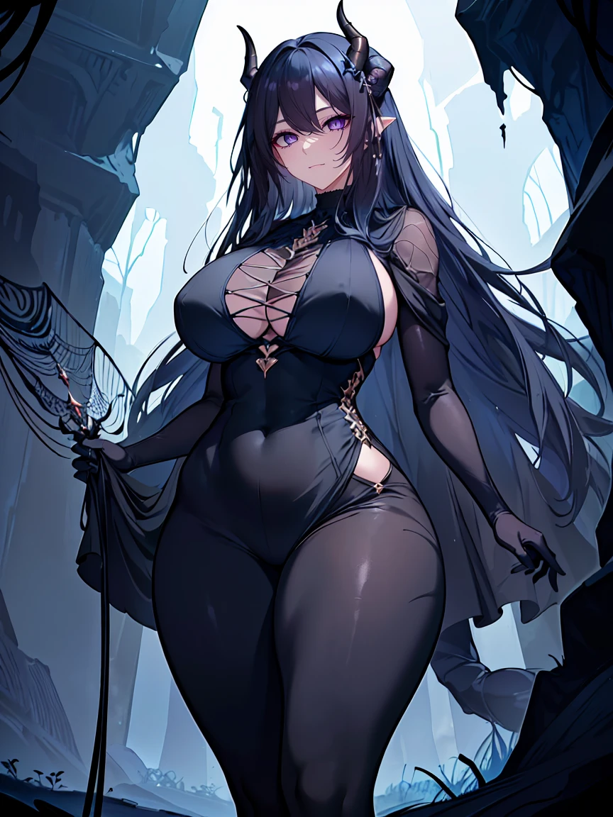 (Uhd, Masterpiece, Textured Skin, Super Detail, High Details, High Quality, Best Quality), Detailed Face, 1woman, mature pretty woman, ((wide hips, thick thighs)), ((Long Dark Blue eyes hair)), ((Black Sexy Rpg dress), (Pants), (Spider, Web, Silk), (Oni Horns), (standing, inside a dark cave full of cobwebs), (standing), (giant spiders behind)