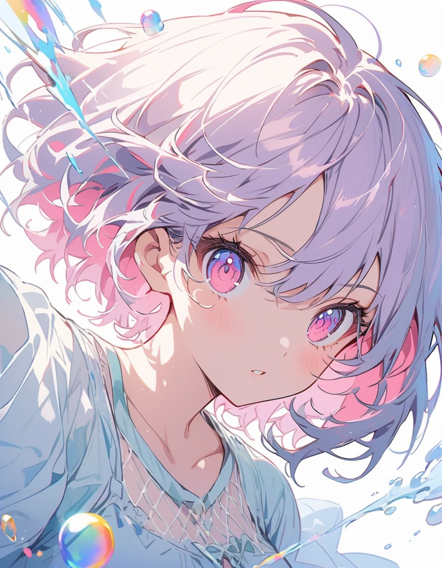 (highest quality、masterpiece、High resolution、detailed)、Anime Style、Flat Style、(Shine目、detailed美しい顔),  BREAK,1 girl、(Short Bob Hair、Dark pink hair、Light blue inner color、mesh)、Casual Coordination、floating, (High saturation), (Colorful Splash), Colorful bubbles, (Shine), Focus on the face,extremely detailed、floating, (High saturation),(The Shining), Best lighting, Best Shadow、Peck finger, ((masterpiece)), highest quality, One girl, eye shadow, Full Body,Dynamic Angle、 Portraiture, 