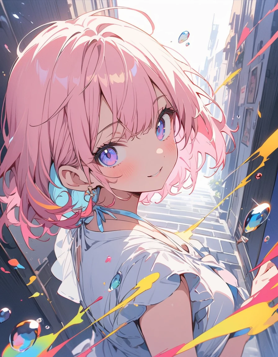 (highest quality、masterpiece、High resolution、detailed)、Anime Style、Flat Style、(Shine目、detailed美しい顔), BREAK,1 girl、(Short Bob Hair、Dark pink hair、Light blue inner color、mesh)、Casual Coordination、floating, (High saturation), (Colorful Splash), Colorful bubbles, (Shine), Focus on the face,extremely detailed、floating, (High saturation),(The Shining), Best lighting, Best Shadow、Peck finger, ((masterpiece)), highest quality, One girl, eye shadow, Full Body,Dynamic Angle、 Portraiture,