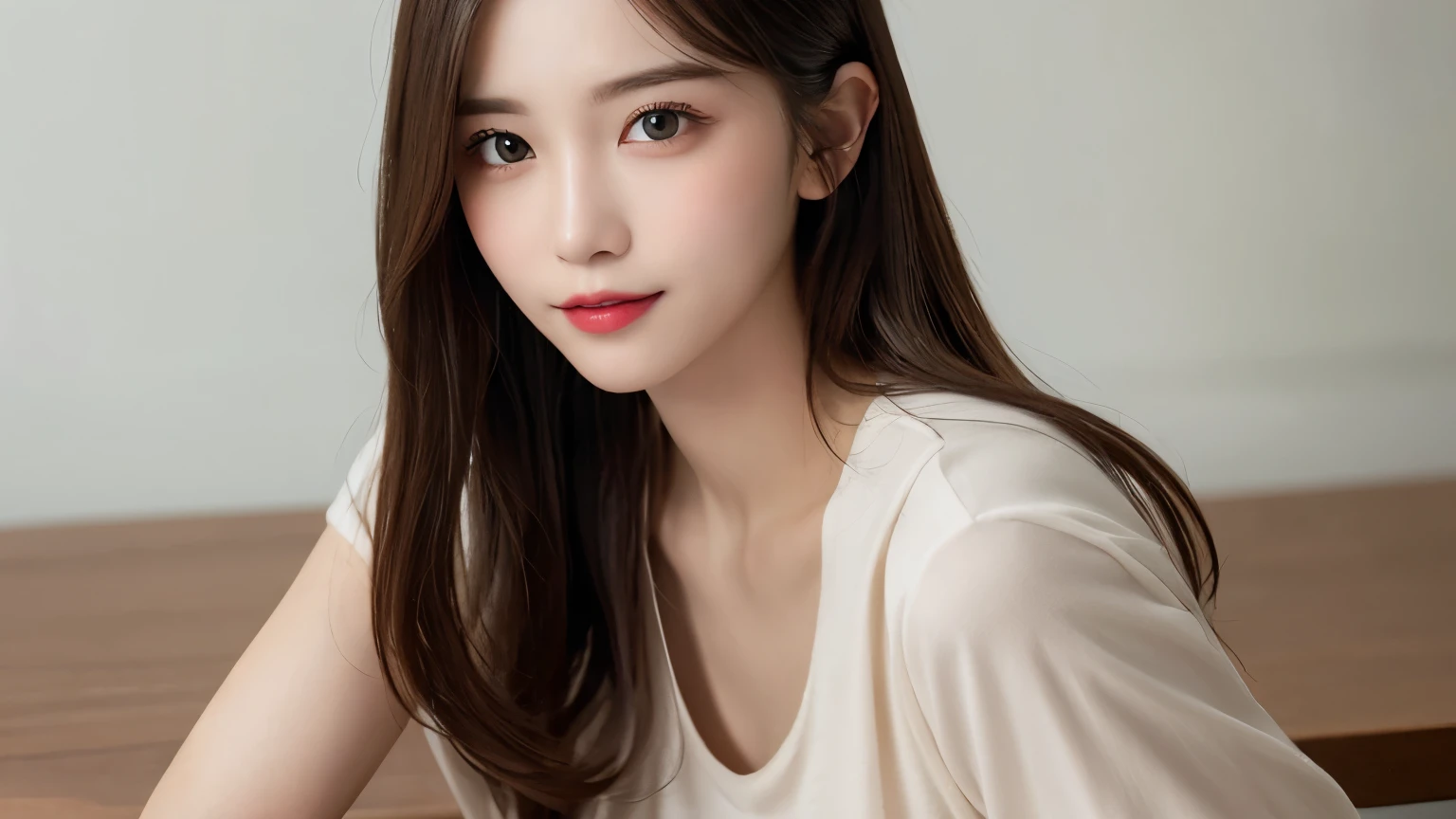 on the table, best quality, shape, Super detailed, Finely, high resolution, 8k wallpaper, 完璧なダイナミックな構shape, Beautiful and delicate eyes, Medium Length Hair, Small Breasts, Natural lipstick, Casual sexy pose,Smile,20 year old girl、midnight、Beautiful and detailed face、Perfect beautiful face,big eyes、original photo、Use the whole body to express female posture、Beautiful and delicate eyes、Small face、Beautiful duplex、Facelift and style,shirt、Beautiful golden ratio face,Long hair