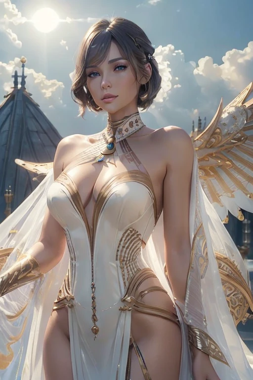 (master piece:1.8), (best quality:1.8), (exquisite lighting and shadow, highly dramatic picture, cinematic lens effect) 8k, wallpaper, looking at the viewer, open arms, female very short gold hair thin and tall fantasy angel lady wearing a smooth and futuristic white dress with gold ornaments and gold lines, thin waist, hips, white angel wings, serious look in the eyes, beautiful blue eyes, beautiful lips, shiny sun behind, clouds and sky background, ethereal lightning, sharp focus
