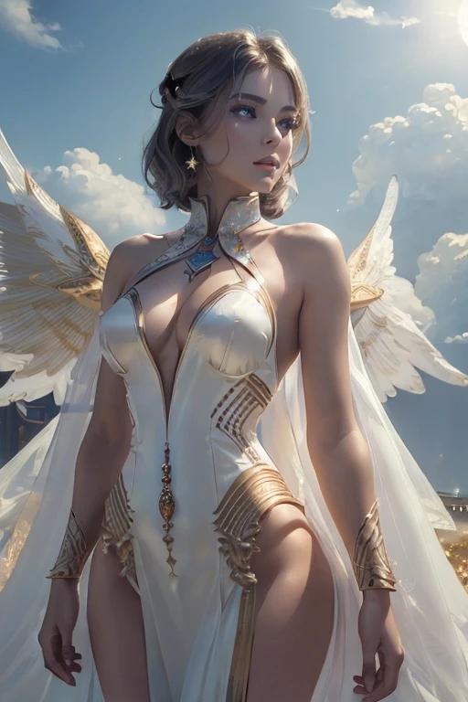 (master piece:1.8), (best quality:1.8), (exquisite lighting and shadow, highly dramatic picture, cinematic lens effect) 8k, wallpaper, looking at the viewer, open arms, female very short gold hair thin and tall fantasy angel lady wearing a smooth and futuristic white dress with gold ornaments and gold lines, thin waist, hips, white angel wings, serious look in the eyes, beautiful blue eyes, beautiful lips, shiny sun behind, clouds and sky background, ethereal lightning, sharp focus