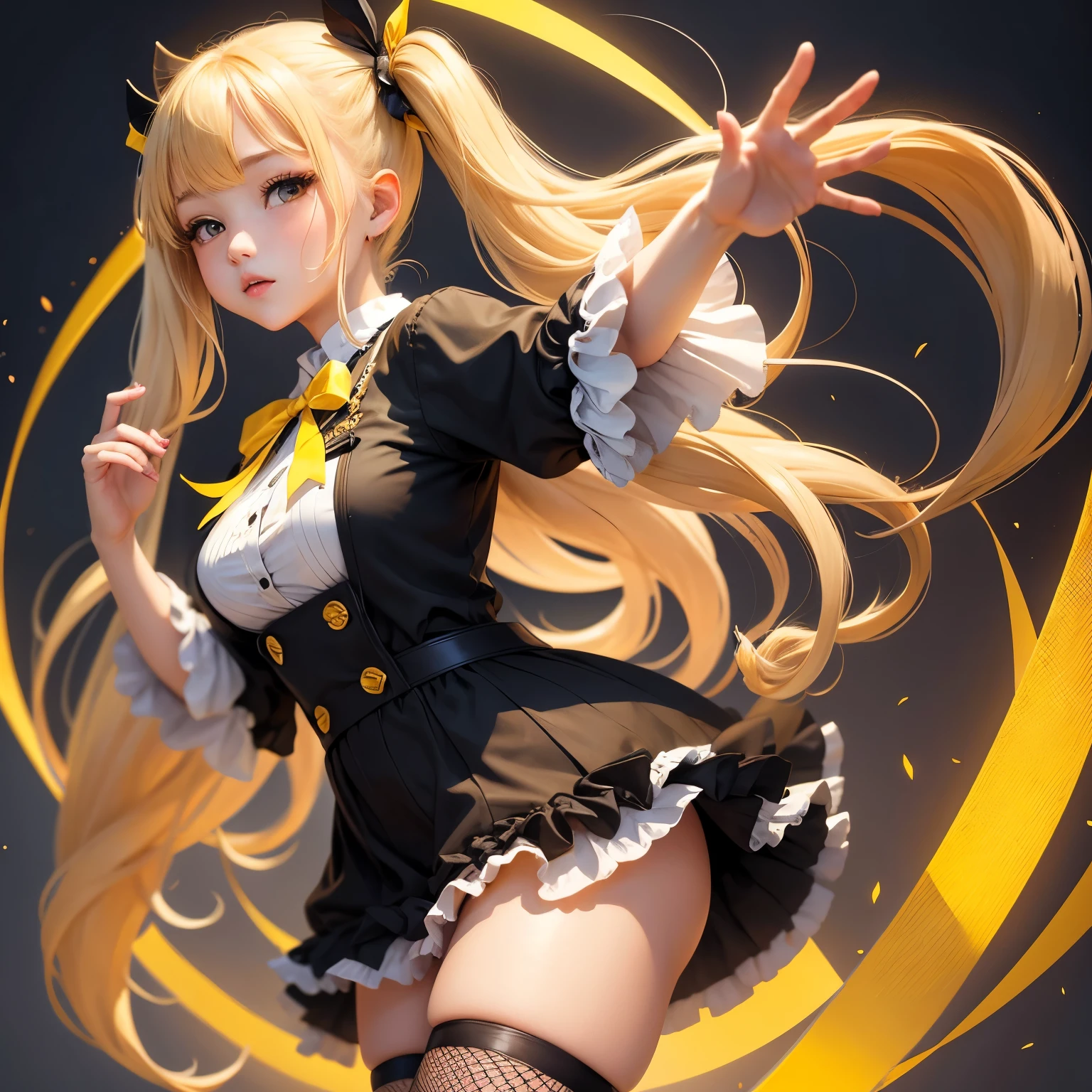 Blonde、Beautiful young woman、Twin tails、Yellow ribbon hair accessory、Black fishnet stockings、wave hands、Shake your hips