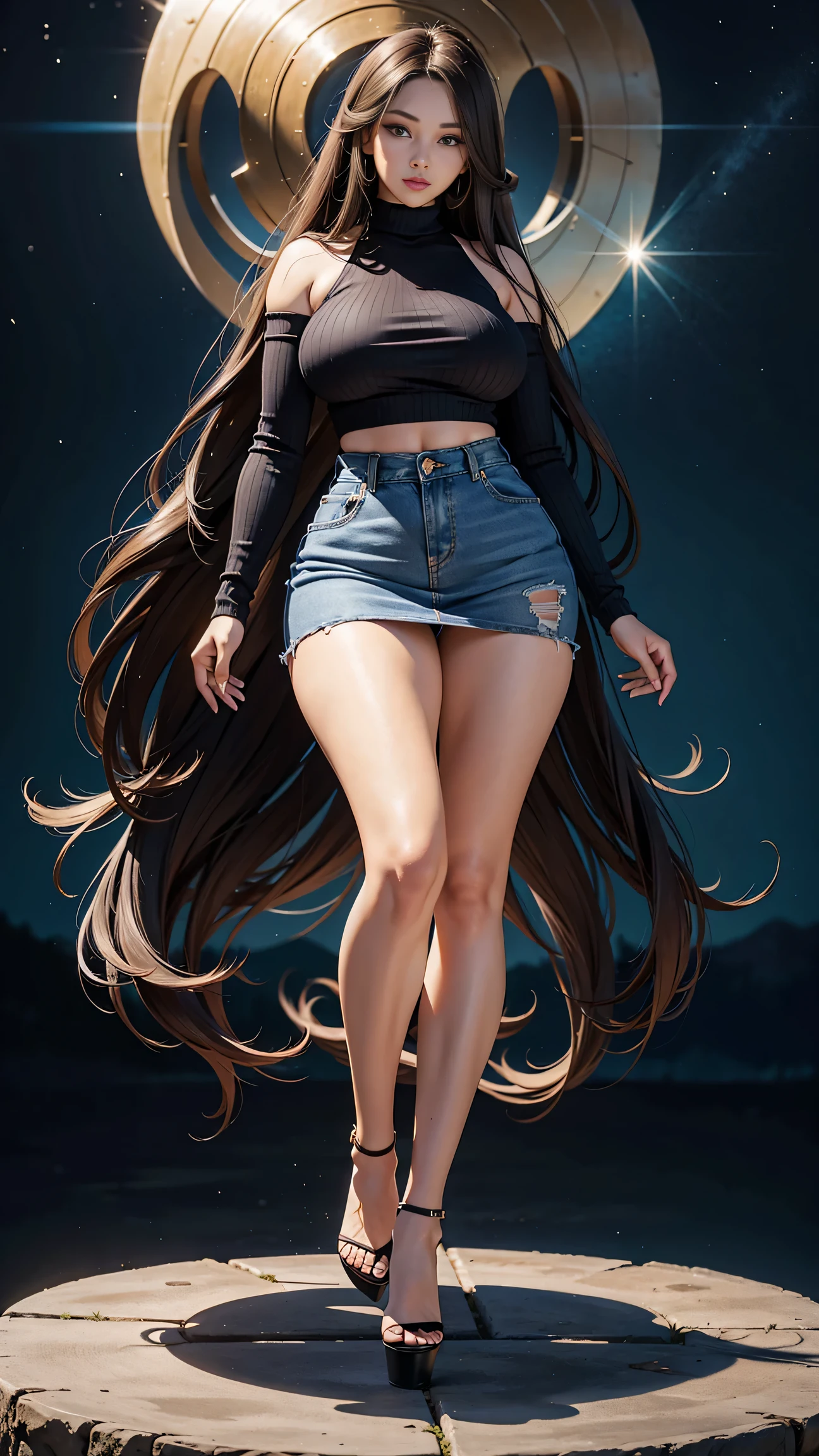 Full body shot of 1 beautiful woman, adult, large body, voluptuous woman, (very long straight hair),( brunette hair), outlined eyelids, made-up eyelids,  turtleneck sweater,  scarf, neckline, (blue mini denim skirt),  tempting , dreaming, curvy hourglass figure, oppai proportion, tight skirt , tall, tall, long legs