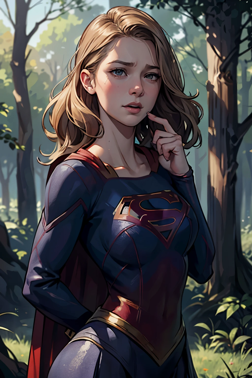 ((highest quality)), ((masterpiece)), (be familiar with), (High definition), (Realistic), (Realistic), (Best Shadow), Low contrast, (Complex:1.4), Side lighting, 8K, ((melissa Benoist)), ((SUPER GIRL)), Perfect Face、Detailed、(Accurate hand and finger depiction)、supergirl women、Blonde、Voluptuous body、(Large Breasts)、Narrow waist、(Big Ass)、Alluring、glamorous、((Putting a hand to your mouth))、(Shame:1.2)、(Embarrassed expression:1.3)、Flushing、sweating、On the grass、in the deep forest、blue sky、Close-up of face