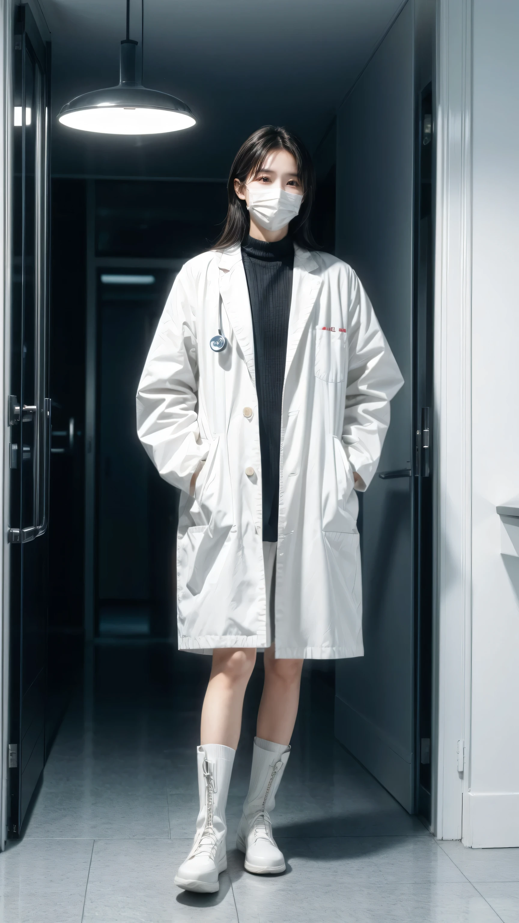 individual, White body, muscle, Standing in front of the glass door, Lower your head, Take notes, Serious expression, frown (Doctor's clothing,, White Mask, notebook, Blue pen, White boots, Black Pattern: 1.2), Wolf Tail, Wolf ears, ((bust)), (indoor: 1.35), incandescent indoor lighting, Hospital corridor, shadow (particle, soft light, White glow): 1.3, White coat, Anatomically correct, Simple background, cartoon, warm color, Soft lines