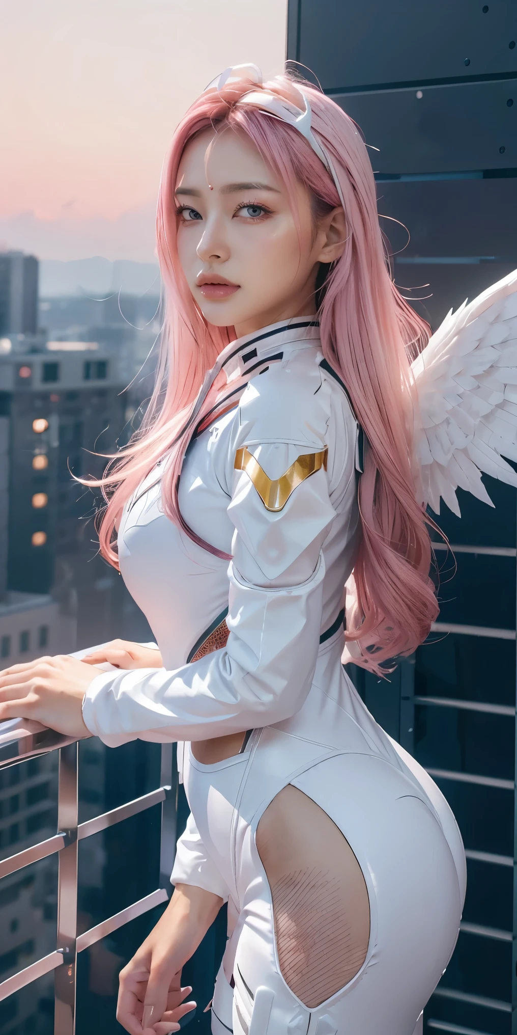 ((masterpiece, best quality, extremely detailed), volumetric lighting, ambient occlusion, colorful, glowing), 
1girl, solo, young girl, (pink hair), long hair, halo, aura, sacred, godness, cyber suit, (white outfit:1.3), android, bot, angel wings,
outdoors, sunset, sky, clouds, space, (cyberpunk theme:1.2),