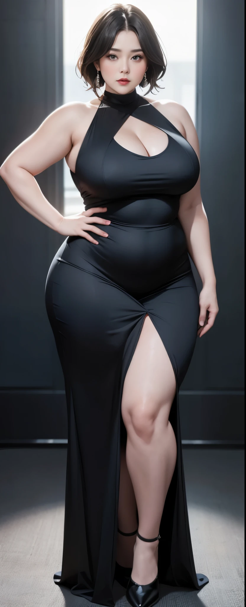 Chubby woman with fat belly and tight thighs, full body, 50-year-old mature woman, thick hips, thick neck, thick chest, big eyes, wearing a longest dress 