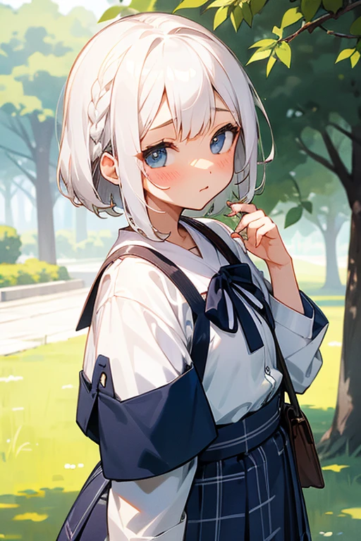 Short white hair, blush, Navy and white checked outfit、Braiding、