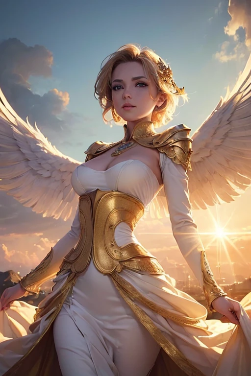 (master piece:1.8), (best quality:1.8), (exquisite lighting and shadow, highly dramatic picture, cinematic lens effect) 8k, wallpaper, looking at the viewer, open arms, female very short gold hair thin and tall fantasy angel lady wearing a smooth and futuristic white dress with gold ornaments and gold lines, thin waist, hips, white angel wings, serious look in the eyes, beautiful blue eyes, beautiful lips, shiny sun behind, clouds and sky background, ethereal lightning, sharp focus
