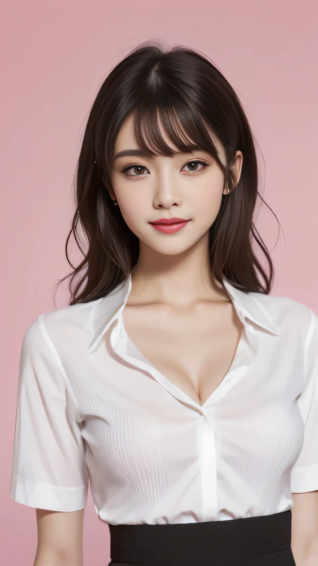 Generate with SFW, (1 girl:1.3), Cowboy Shot, Japanese,  supermodel, the body is slim, high school girl, (from before), (highest quality:1.4), 32k resolution, (Realistic:1.5), (Ultra-realistic:1.5), High resolution UHD, (masterpiece:1.2)), (Improvement of quality:1.4), (Very beautiful facial details), (Highest quality realistic skin texture:1.4), (Perfect Anatomy:1.2), (Are standing:1.37), ((school uniform)), (( White short sleeve blouse shirt:1.21)), blouse is cleavage cutout, , ((Black pleated skirt:1.1)), (Do not emphasize the top of the bust), ((pink background color:1.15)), Accurate Fingers, Very detailed, Symmetrical eyes, Fine eyelashes, Thinly trimmed eyebrows, View audience, Natural Makeup, [Pink lipstick], ((A good eye for quality:1.2)), (tired, Sleepy and satisfied:0.0), (Beautiful Lips:1.33), (Great nose:1.2), ((Physically Based Rendering of the Background:1.37)), (medium breast), Tight waist, (Heavy chest:1.05, slim lower body), Brown Hair, bangs, (natural wave hair :1.37), , Gentle light illuminates the face and body, Spectacular and inspiring cinema lighting, arms at sides, embarrassed smile, (bra visible through clothes:1.1),