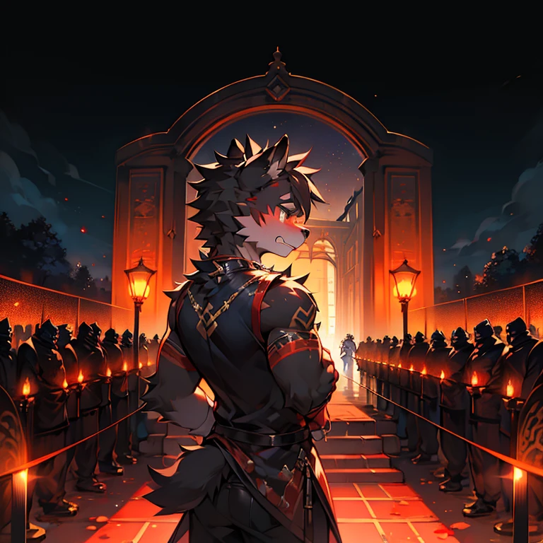 Outside the Royal Palace,Outdoor panorama,boy,Male focus,hairy,Bright Eyes,A black wolf in the battlefield of traditional Chinese costumes., Fighting with swords on battlefield at night......... Black dragon tattoo on left arm, Blood Moon. The body is that of a little man........... masterpiece,Gorgeous effect,Surrounded by lights,Bending over,Red liquid in hand,Serious,angry,Battle scenes,Looking at the audience,Shota,front
