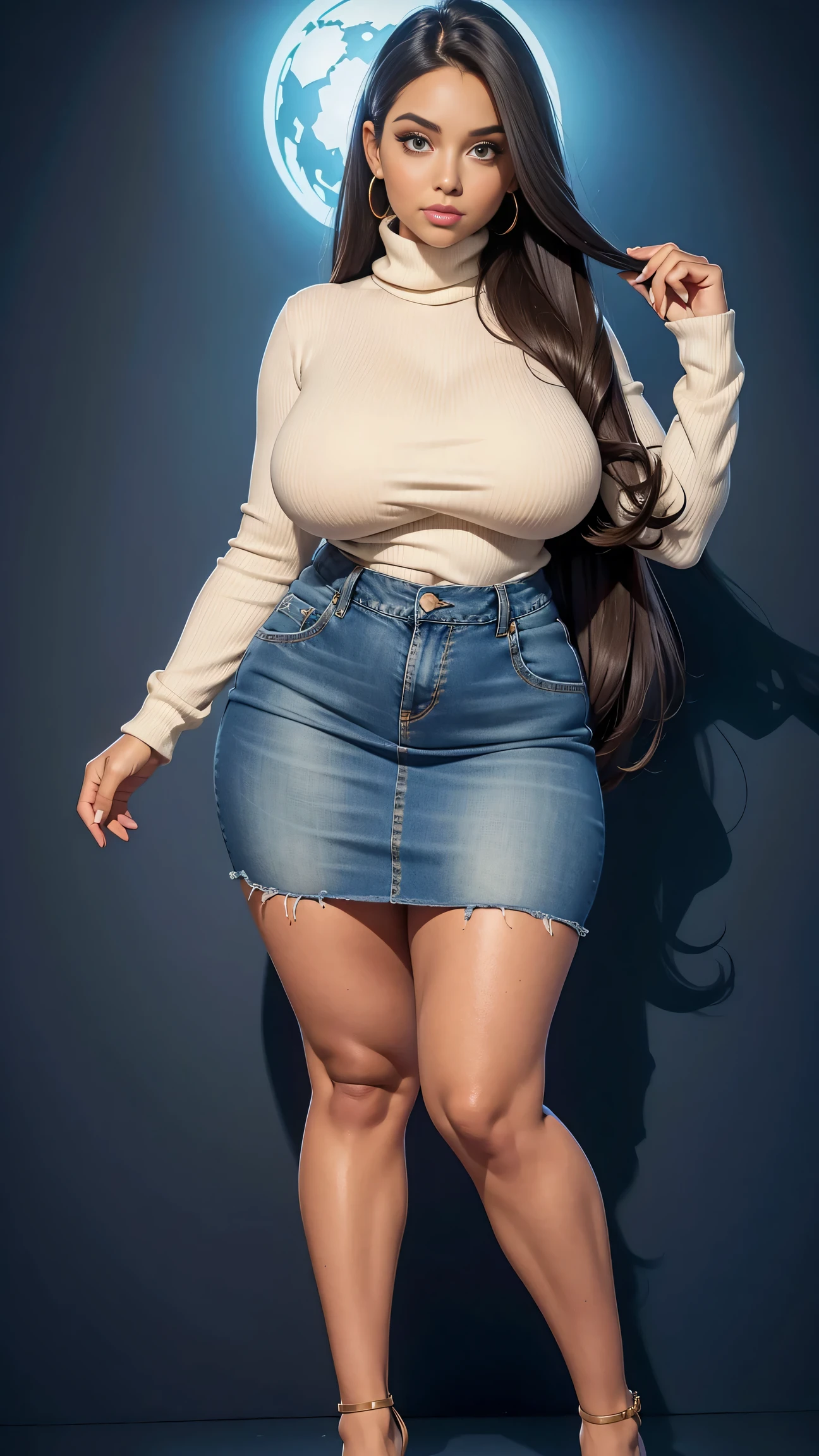 Full body shot of 1 beautiful woman, adult, large body, voluptuous woman, (very long straight hair),( brunette hair), outlined eyelids, made-up eyelids,  turtleneck sweater,  scarf, neckline, (blue mini denim skirt),  tempting , dreaming, curvy hourglass figure, oppai proportion, tight skirt , tall, tall, long legs