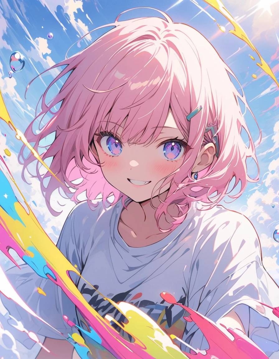 (highest quality、masterpiece、High resolution、detailed)、Anime Style、Flat Style、(Shine目、detailed美しい顔), BREAK,1 girl、(Short Bob Hair、Dark pink hair、Light blue inner color、mesh)、Casual Coordination、floating, (High saturation), (Colorful Splash), Colorful bubbles, (Shine), Focus on the face,extremely detailed、floating, (High saturation),(The Shining), Best lighting, Best Shadow、Peck finger, ((masterpiece)), highest quality, One girl, eye shadow, Full Body,Dynamic Angle、 Portraiture,