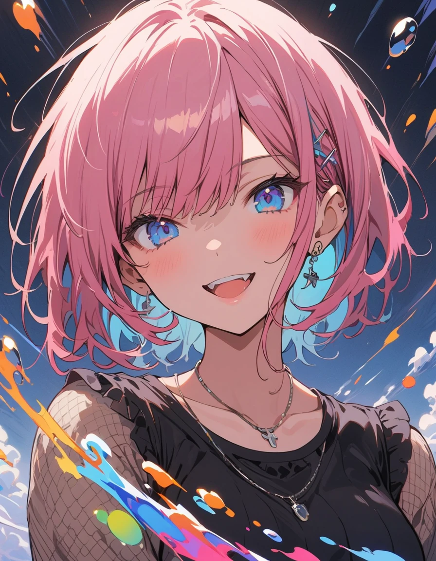 (highest quality、masterpiece、High resolution、detailed)、Anime Style、Flat Style、(Shine目、detailed美しい顔), BREAK,1 girl、(Short Bob Hair、Dark pink hair、Light blue inner color、mesh)、Casual Coordination、floating, (High saturation), (Colorful Splash), Colorful bubbles, (Shine), Focus on the face,extremely detailed、floating, (High saturation),(The Shining), Best lighting, Best Shadow、Peck finger, ((masterpiece)), highest quality, One girl, eye shadow, Full Body,Dynamic Angle、 Portraiture,