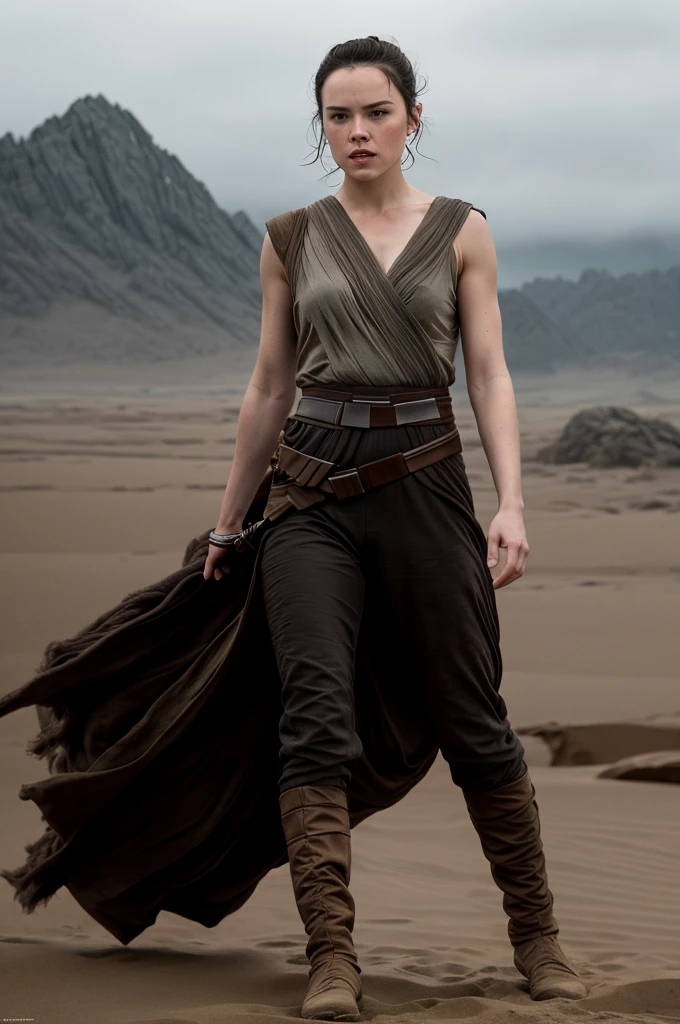 Masterpiece, Daisy Ridley, wearing star wars Rey's costume from "The Force Awakens", full body portrait, high quality, biting lip, combat pose, 16K, ultra high res.photorealistic, UHD, DSLR, RAW, natural light