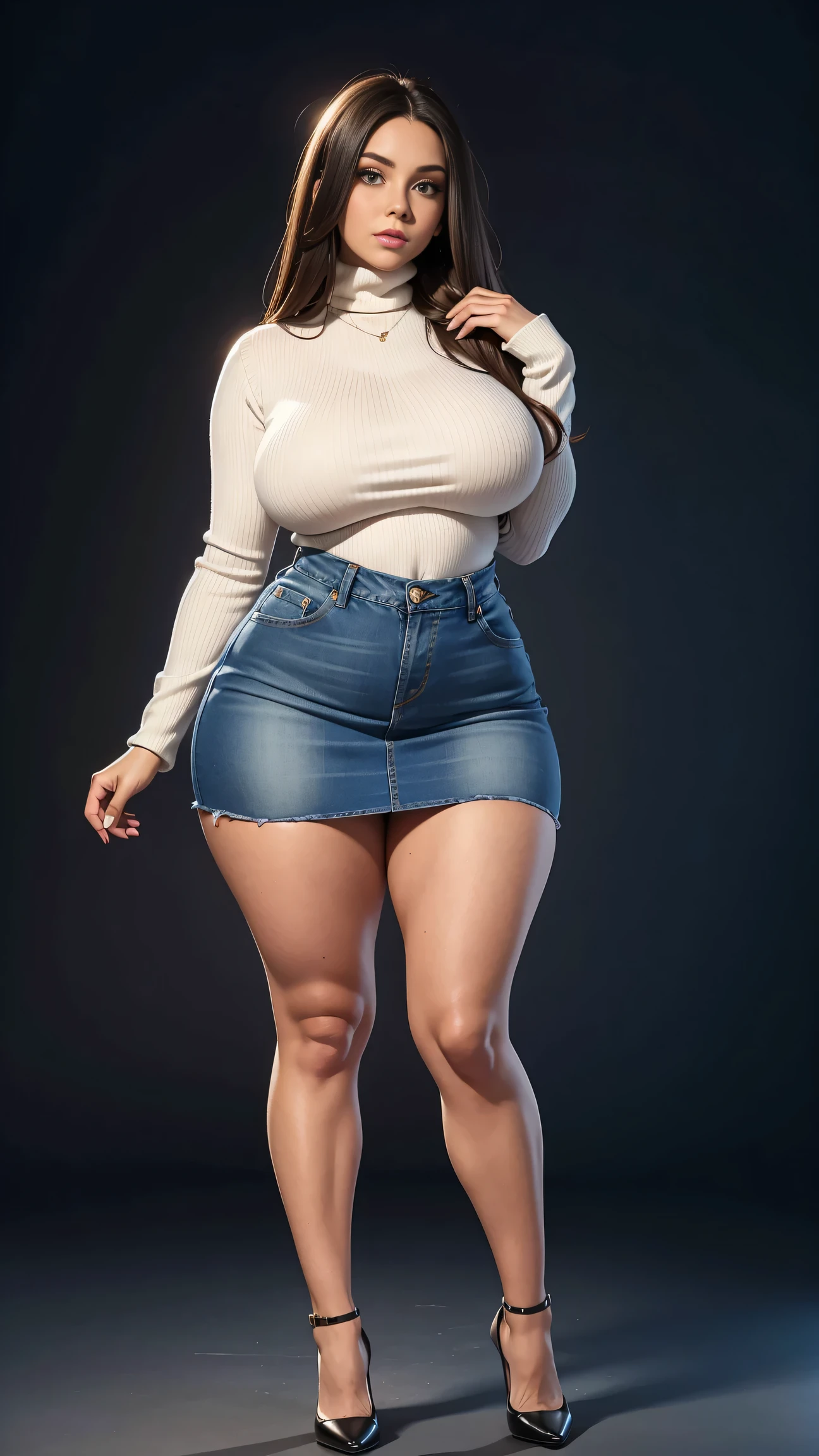 Full body shot of 1 beautiful woman, adult, large body, voluptuous woman, (very long straight hair),( brunette hair), outlined eyelids, made-up eyelids, turtleneck sweater, scarf, neckline, (blue mini denim skirt), tempting , dreaming, curvy hourglass figure, oppai proportion, tight skirt , tall, tall, long legs