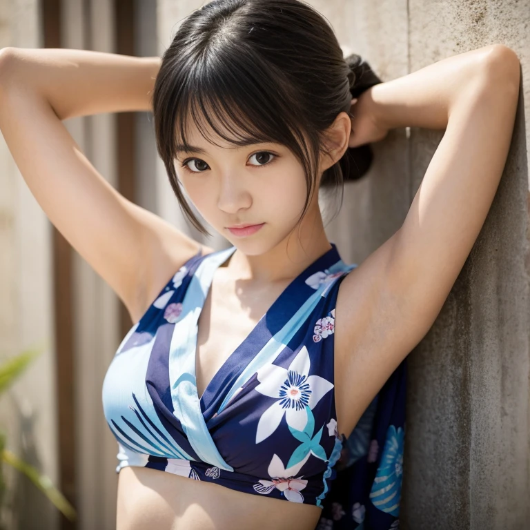 Yuki, a middle-aged Japanese woman with a buxom body, wears a yukata that is open and shows her bikini clinging to her body. 