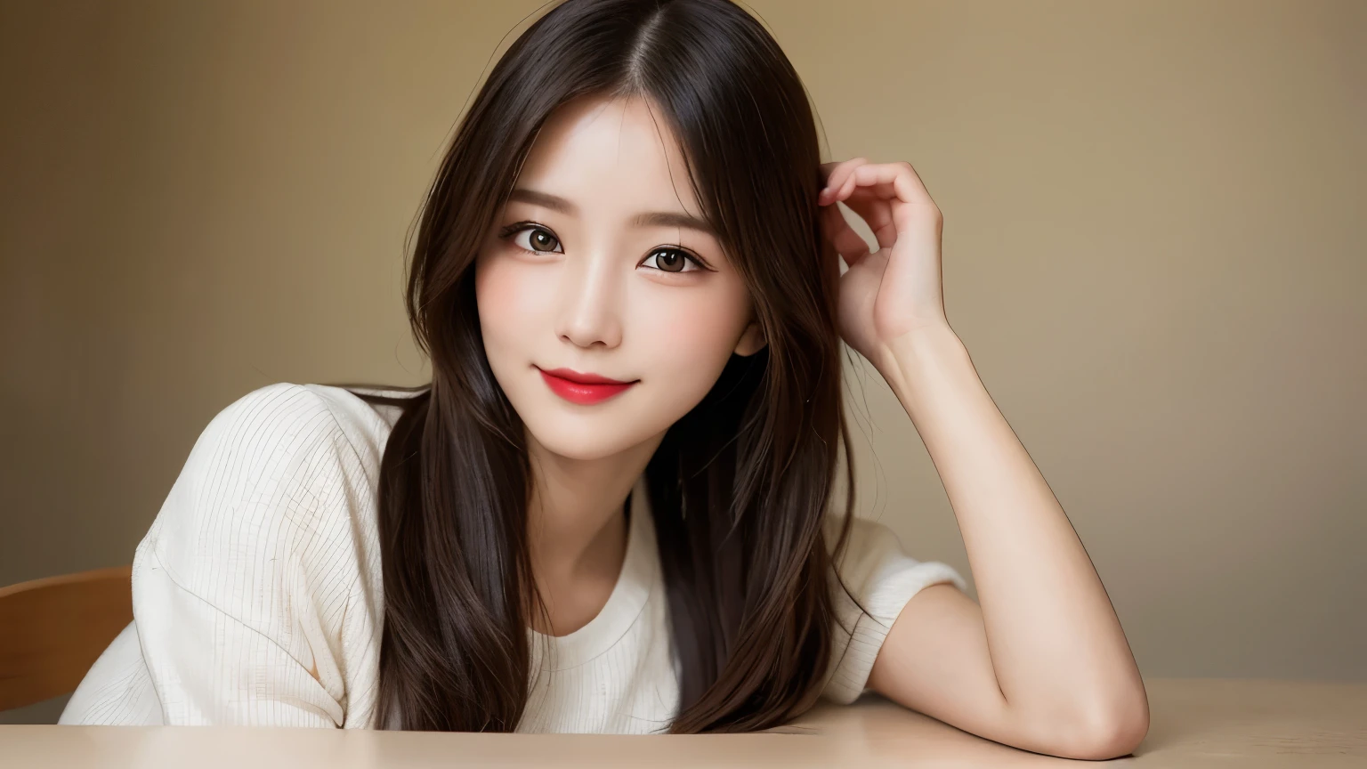 on the table, best quality, shape, Super detailed, Finely, high resolution, 8k wallpaper, 完璧なダイナミックな構shape, Beautiful and delicate eyes, Medium Length Hair, Small Breasts, Natural lipstick, Casual sexy pose,Smile,20 year old girl、midnight、Beautiful and detailed face、Perfect beautiful face,big eyes、original photo、Use the whole body to express female posture、Beautiful and delicate eyes、Small face、Beautiful duplex、Facelift and style,shirt、Beautiful golden ratio face,Long hair