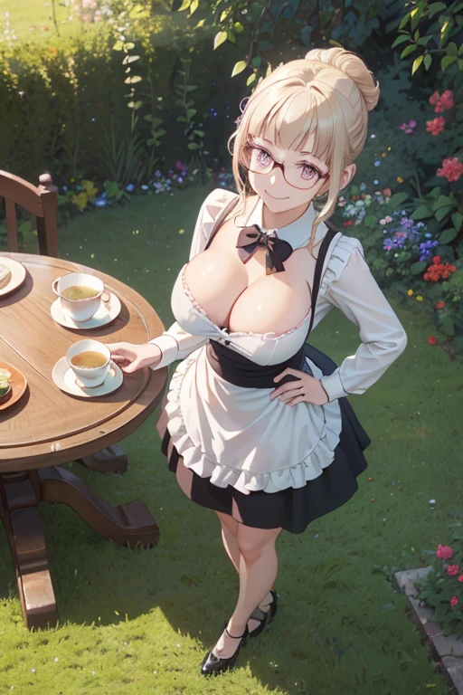 (best quality, masterpiece), (ultra high resolution, 8K RAW photo, photo realistics:1.5, textile shading, thin outline, clear focus:1.2), Beautuful Matured woman preparing tea-time in the garden, standing by the round table, (tea set, tea pot, tea cups, some cakes on dish), classy art deco style table, wearing light_brown maid uniform, breast cleavage, maid costume:1.2, long flare skirts, apron, bow ties on thechest, long tall sally, long legs, long white hair, (wearing thin-flame glasses:1.2), (milf:1.5, 28 years old, solo), (large breast, sagging breast, big tits, narrow waist), (medium short white hair, hair over one eye, (updo hair:1.2), side lock, asymmetric hair, wavy hair), (bright pupils, detailed eyes, high detailed face, Perfect face shape, eye rush), (seductitve smiling, half-closing eyes), (looking at viewers:1.3), (dynamic angle, full body, from above:1.2), ((correct anatomy:1.5, correct hands)), (ideal ratio of body proportions), (outdoor:1.2, grass field),