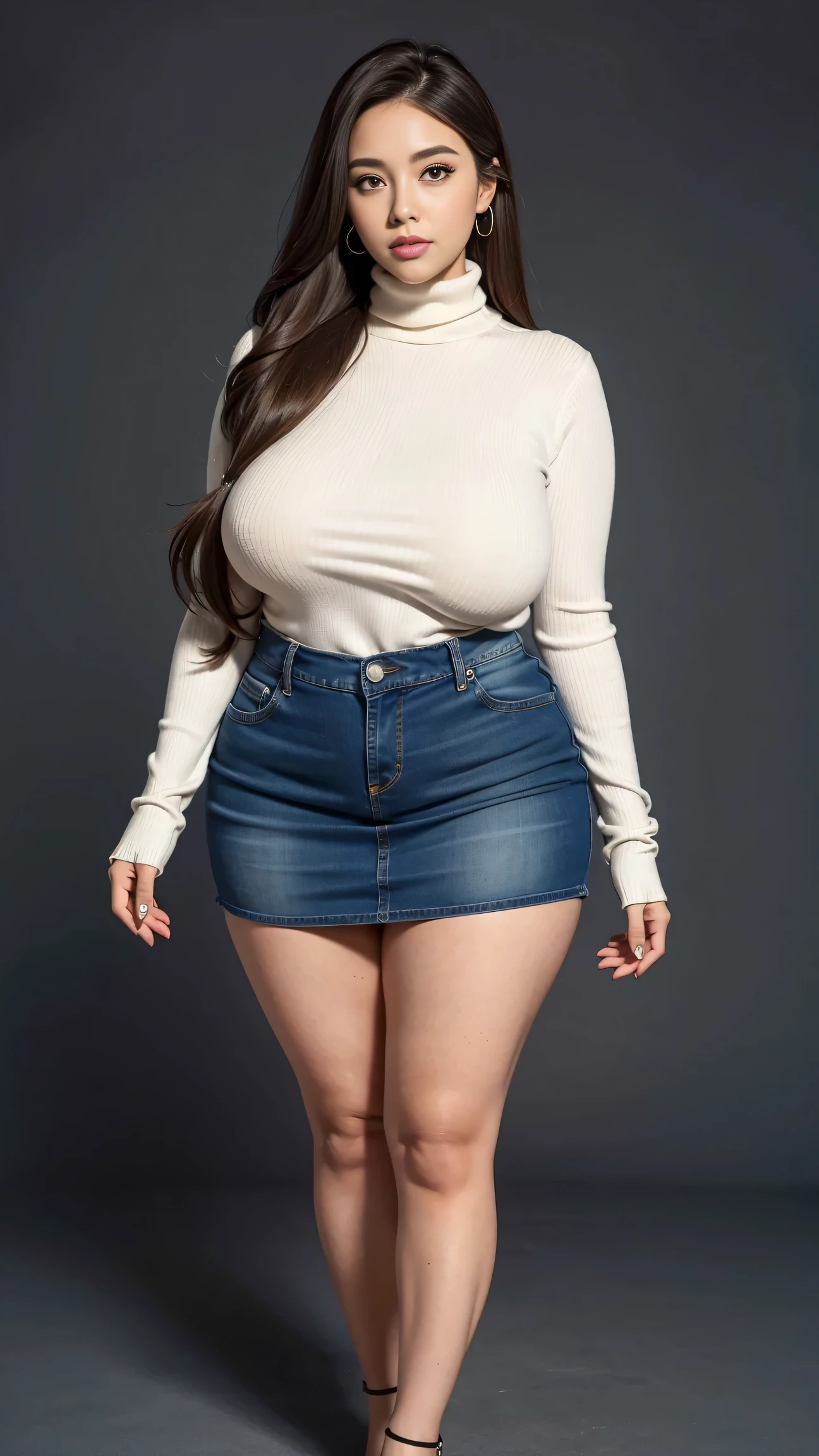 Full body shot of 1 beautiful woman, adult, large body, voluptuous woman, (very long straight hair),( brunette hair), outlined eyelids, made-up eyelids, turtleneck sweater, scarf, neckline, (blue mini denim skirt), tempting , dreaming, curvy hourglass figure, oppai proportion, tight skirt , tall, tall, long legs