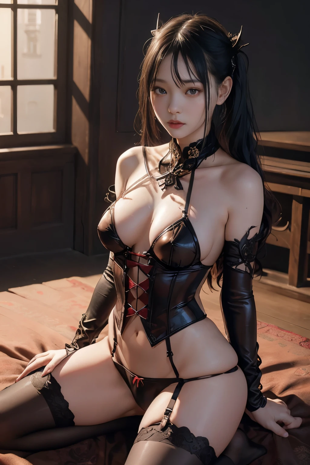 highest quality, masterpiece, Ultra-high resolution, (Reality: 1.9), (((Absolute full-length image,Front view))),Japan Maiden 、 ((Ultra-Realistic Details)) 、 Portrait 、 Global Illumination 、 Shadow 、 Octane Rendering 、 In 8K 、 Ultra Sharp 、 ( Crimson leather corset and panties、garter belt)、 ((Bondage meets goth)) 、Intricate decorative details 、 Cool colors 、 Very intricate detail 、 Realistic Light 、 CG Trends、Sparkling Eyes、Facing the camera、Small breasts、Full body upright pose、The background is the cathedral
