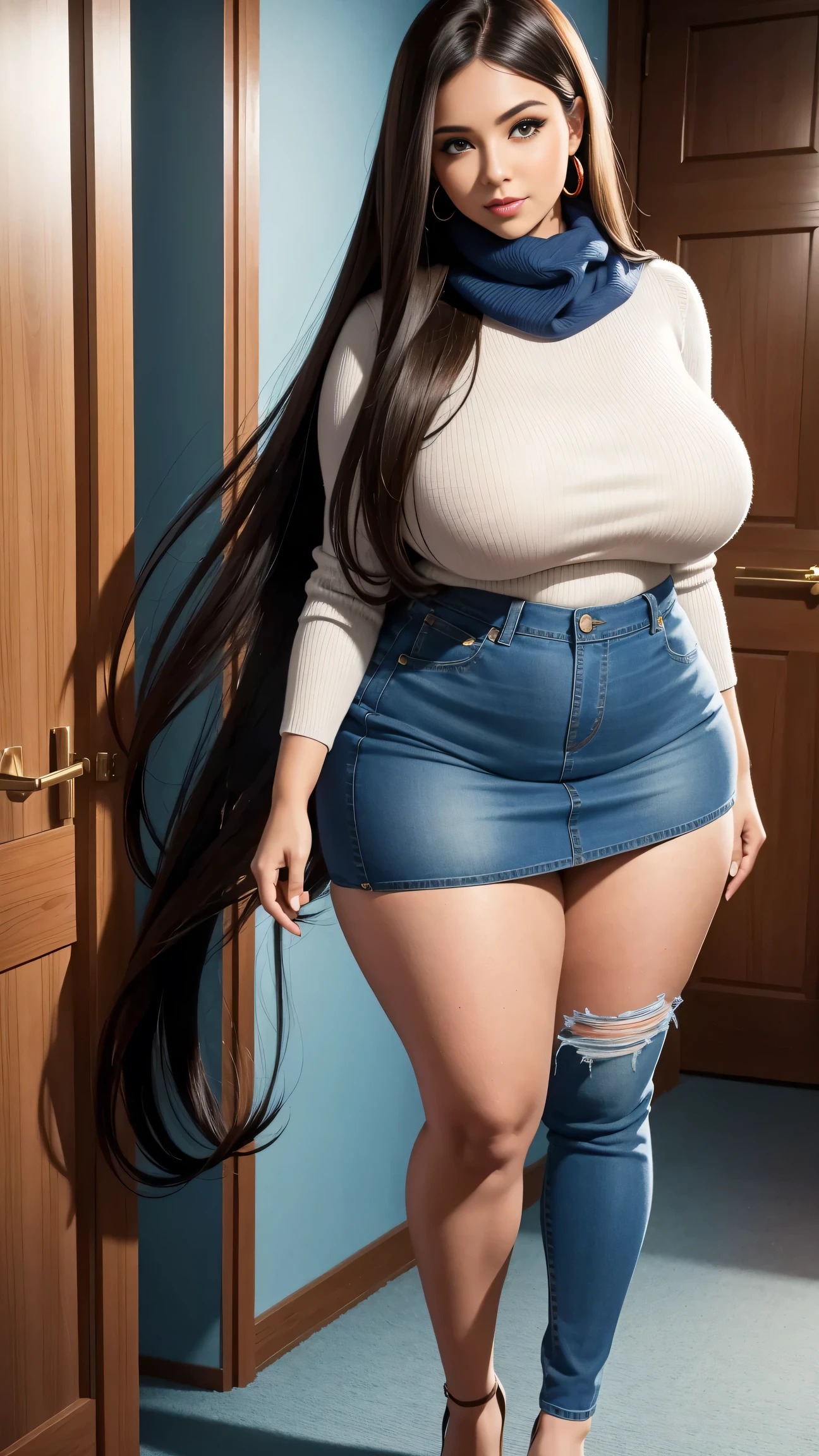 Full body shot of 1 beautiful woman, adult, large body, voluptuous woman, (very long straight hair),( brunette hair), outlined eyelids, made-up eyelids,  turtleneck sweater,  scarf, neckline, (blue mini denim skirt),  tempting , dreaming, curvy hourglass figure, oppai proportion, tight skirt , tall, tall, long legs