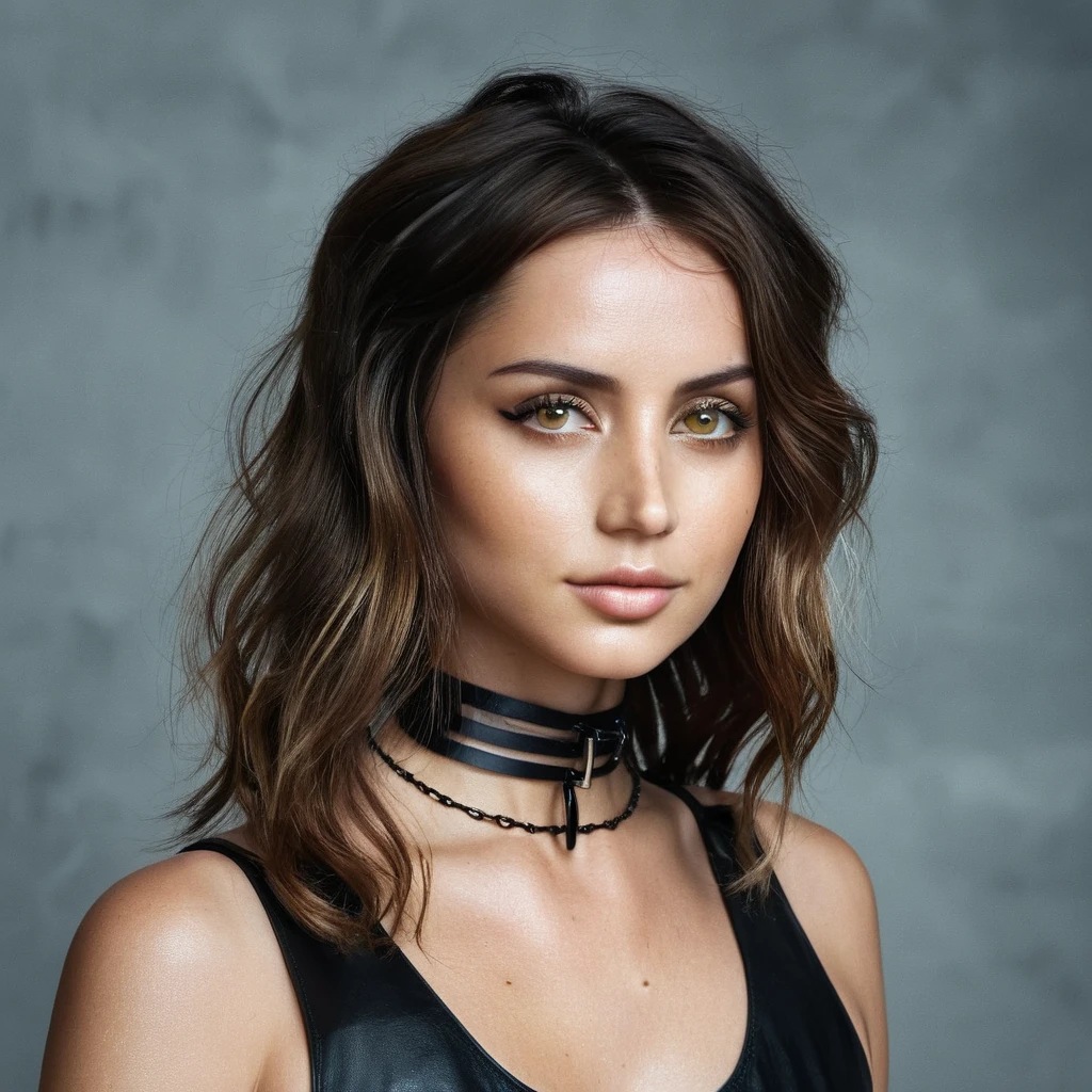 Super high res closeup portrait photo skin texture of a stunning young woman wearing a (very thin leather choker) and has wavy hair ,f /2.8, Canon, 85mm,cinematic, high quality, skin texture, looking at the camera,    skinny Body, small , perfekt , Dessous 