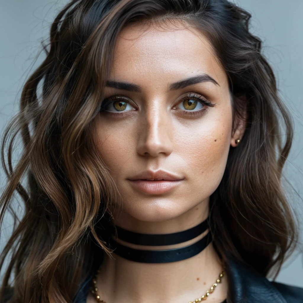 Super high res closeup portrait photo skin texture of a stunning young woman wearing a (very thin leather choker) and has wavy hair ,f /2.8, Canon, 85mm,cinematic, high quality, skin texture, looking at the camera,    skinny Body, small , perfekt , Dessous 