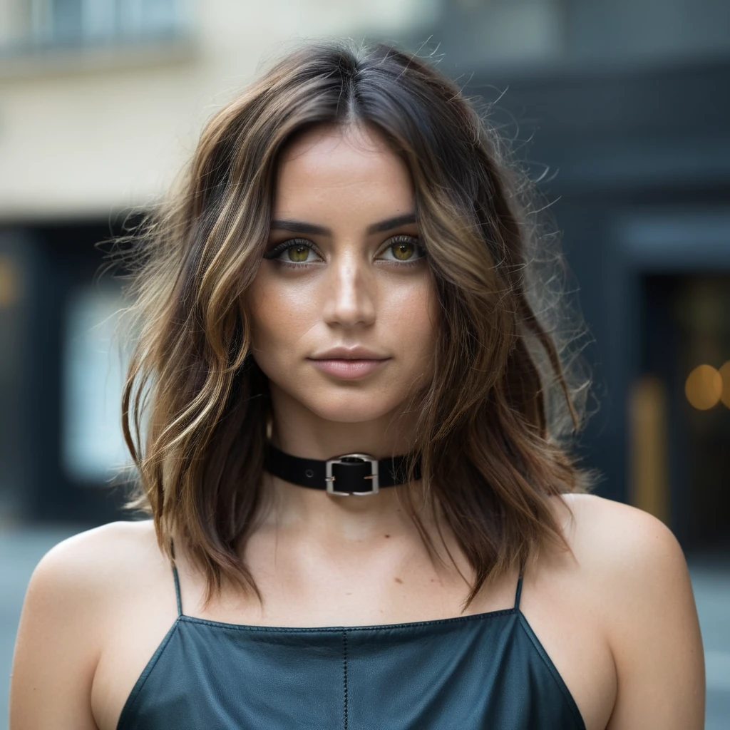 Super high res closeup portrait photo skin texture of a stunning young woman wearing a (very thin leather choker) and has wavy hair ,f /2.8, Canon, 85mm,cinematic, high quality, skin texture, looking at the camera,    skinny Body, small , perfekt , Dessous 