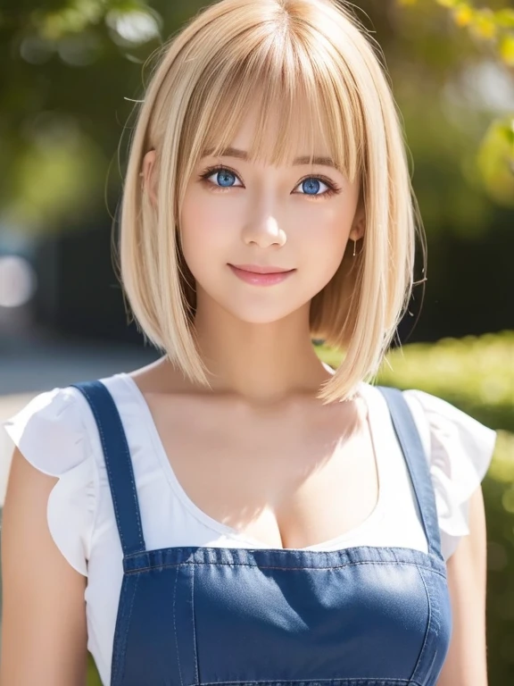 Bright expression、Photorealism、highest quality、超A high resolution、picture、Photo of a beautiful girl of Scandinavian origin、Extraordinarily beautiful girl、A cute and beautiful face down to the last detail、(Purelos Face_v1:0.008)、Short bob cut with beautiful bangs、Alice in Wonderland、28 years old、Glowing White Skin、Hair flowing down to the face、Bangs between the eyes、Attractive bright natural platinum blonde super long straight silky highlighter hair、Beautiful bright transparent light blue big eyes that are charming and shining、White apron、Blue Dress、eyeliner、double eyelid、Ample breasts