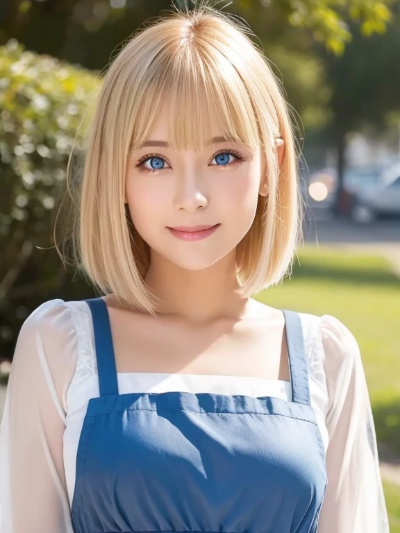 Bright expression、Photorealism、highest quality、超A high resolution、picture、Photo of a beautiful girl of Scandinavian origin、Extraordinarily beautiful girl、A cute and beautiful face down to the last detail、(Purelos Face_v1:0.008)、Short bob cut with beautiful bangs、Alice in Wonderland、28 years old、Glowing White Skin、Hair flowing down to the face、Bangs between the eyes、Attractive bright natural platinum blonde super long straight silky highlighter hair、Beautiful bright transparent light blue big eyes that are charming and shining、White apron、Blue Dress、eyeliner、double eyelid、Ample breasts