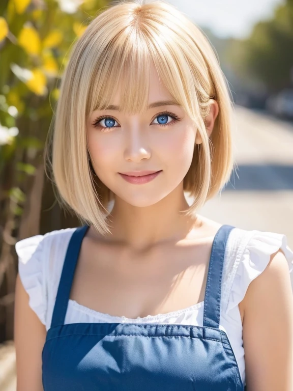 Bright expression、Photorealism、highest quality、超A high resolution、picture、Photo of a beautiful girl of Scandinavian origin、Extraordinarily beautiful girl、A cute and beautiful face down to the last detail、(Purelos Face_v1:0.008)、Short bob cut with beautiful bangs、Alice in Wonderland、28 years old、Glowing White Skin、Hair flowing down to the face、Bangs between the eyes、Attractive bright natural platinum blonde super long straight silky highlighter hair、Beautiful bright transparent light blue big eyes that are charming and shining、White apron、Blue Dress、eyeliner、double eyelid、Ample breasts