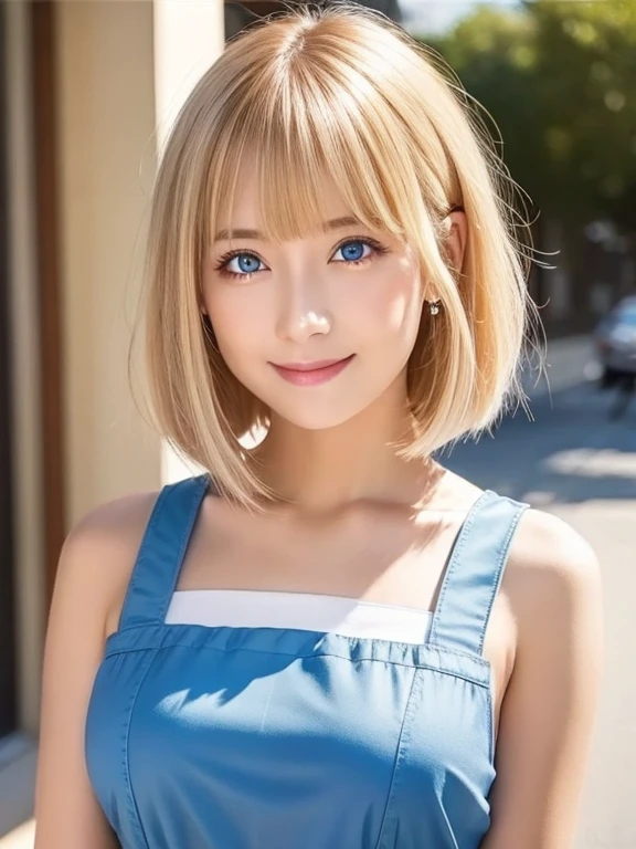 Bright expression、Photorealism、highest quality、超A high resolution、picture、Photo of a beautiful girl of Scandinavian origin、Extraordinarily beautiful girl、A cute and beautiful face down to the last detail、(Purelos Face_v1:0.008)、Short bob cut with beautiful bangs、Alice in Wonderland、28 years old、Glowing White Skin、Hair flowing down to the face、Bangs between the eyes、Attractive bright natural platinum blonde super long straight silky highlighter hair、Beautiful bright transparent light blue big eyes that are charming and shining、White apron、Blue Dress、eyeliner、double eyelid、Ample breasts