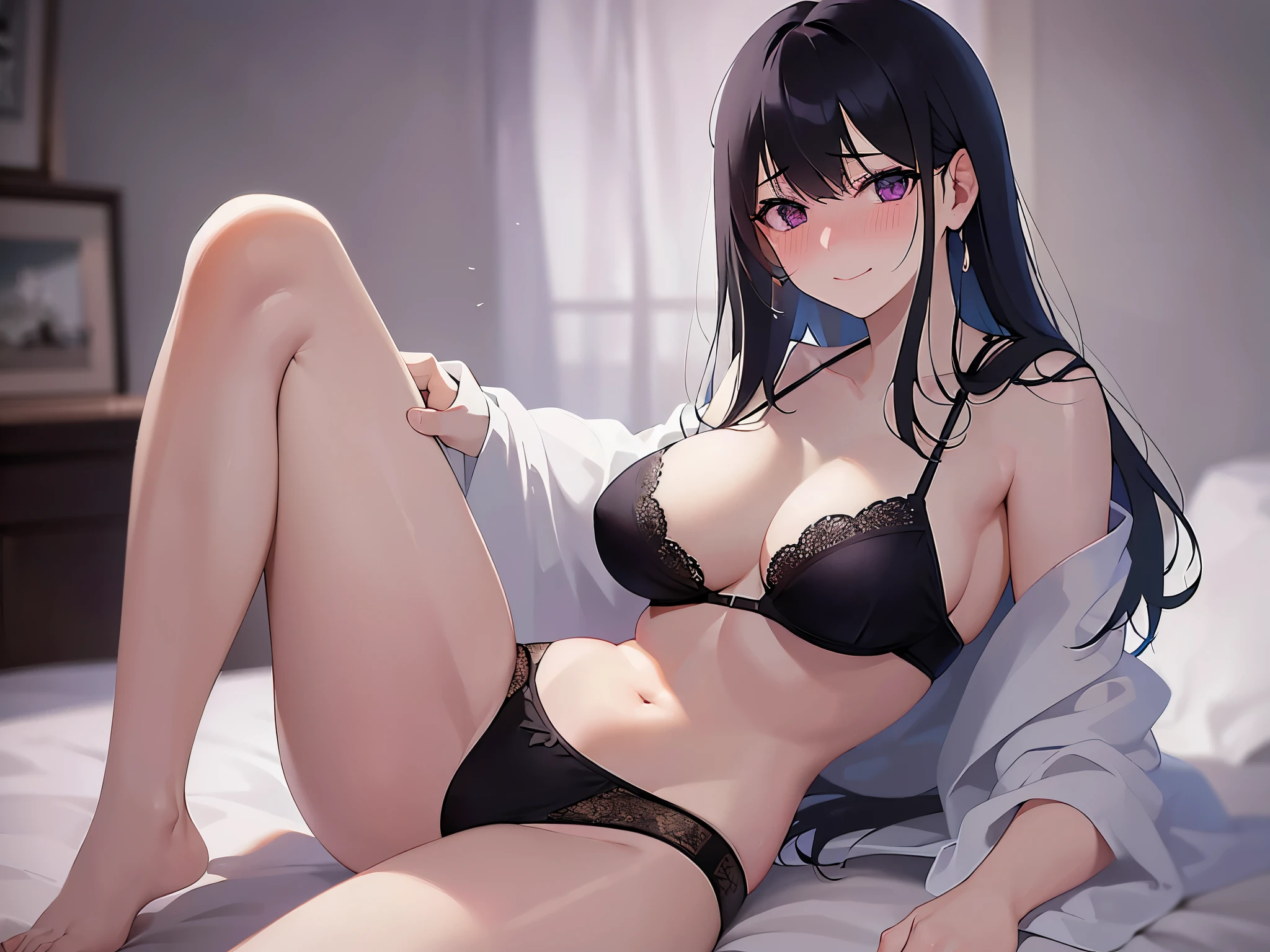 Biologically correct five fingers、Upper Body, Realistic, real person, (pale skin: 1.2), RAW photo, photorealistic, portrait photography, shiny skin, shiny hair、(A 25-year-old woman with straight hair and bangs) and (medium hair:1.2) and (black hair) and (purple eyes) , night,dark bedroom,sitting on bed,barefoot, white bra, , cleavag, no pants, panties, thighswear, wariza, (embarrassed, nose blush:1.3), smile