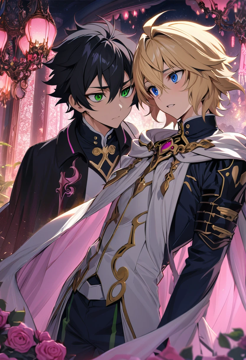 absurdres, highres, ultra detailed, HDR, masterpiece, extremely detailed face and eyes, beautiful eyes, amazing detailed eyes, extremely detailed features, Hyakuya Mikaela, blond short hair, expressive blue eyes, Owari No Seraph, Hyakuya Yuichiro, black short hair, expressive green eyes, two men together, gay couple, handsome, fantasy world, pink roses, pink curtains, shining pink lanterns, chandelier, sky, pink moon, fantasy white and black prince clothes, black and white cape, patterns