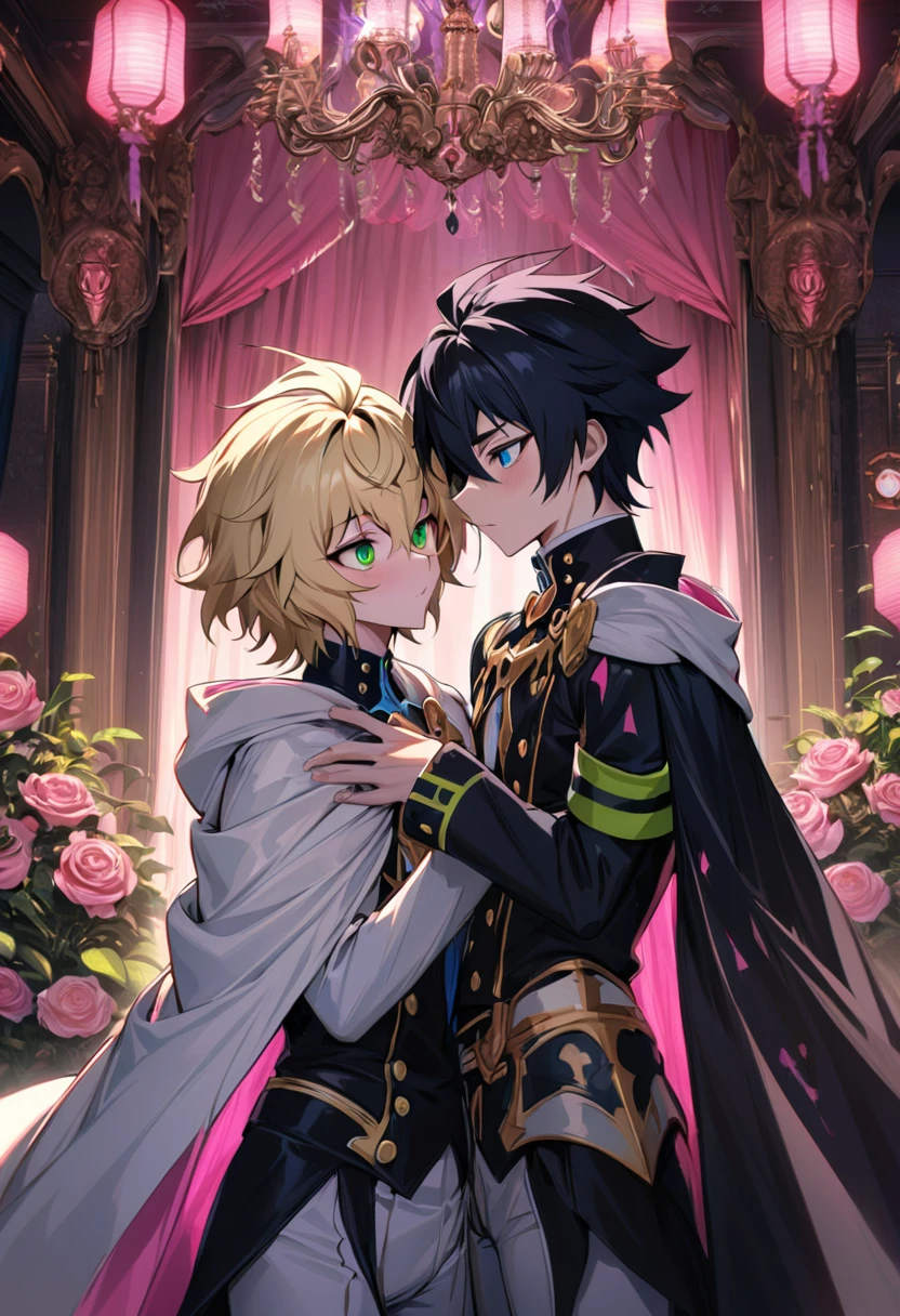 absurdres, highres, ultra detailed, HDR, masterpiece, extremely detailed face and eyes, beautiful eyes, amazing detailed eyes, extremely detailed features, Hyakuya Mikaela, blond short hair, expressive blue eyes, Owari No Seraph, Hyakuya Yuichiro, black short hair, expressive green eyes, two men together, gay couple, handsome, fantasy world, pink roses, pink curtains, shining pink lanterns, chandelier, sky, pink moon, fantasy white and black prince clothes, black and white cape, patterns