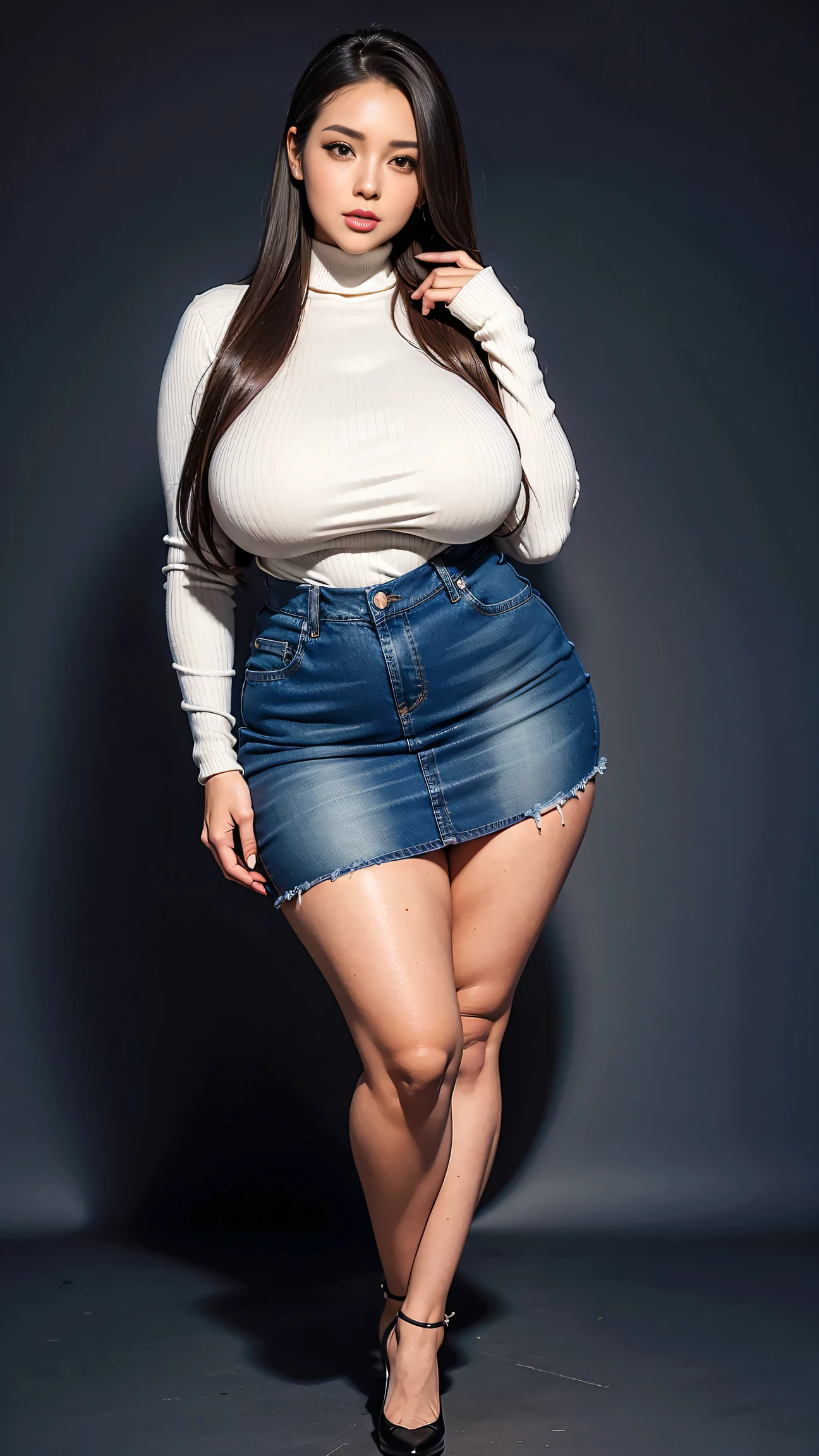 Full body shot of 1 beautiful woman, adult, large body, voluptuous woman, (very long straight hair),( brunette hair), outlined eyelids, made-up eyelids,  turtleneck sweater,  scarf, neckline, (blue mini denim skirt),  tempting , dreaming, curvy hourglass figure, oppai proportion, tight skirt , tall, tall, long legs