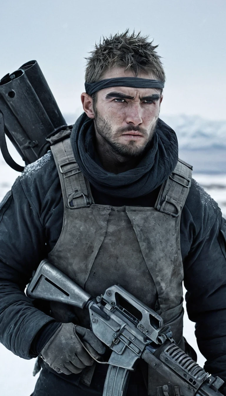 (Akós Major style),desolate wasteland landscape, futuristic, post-apocalyptic, armed bandit, strong-willed expression, tight-fitting stealth suit, thick and arched eyebrows, short salt-and-pepper hair, weathered face, holding a heavy weapon, bandage wrapped around the head, background: snowy wilderness in Siberia or Northeast, devastated after nuclear catastrophe.