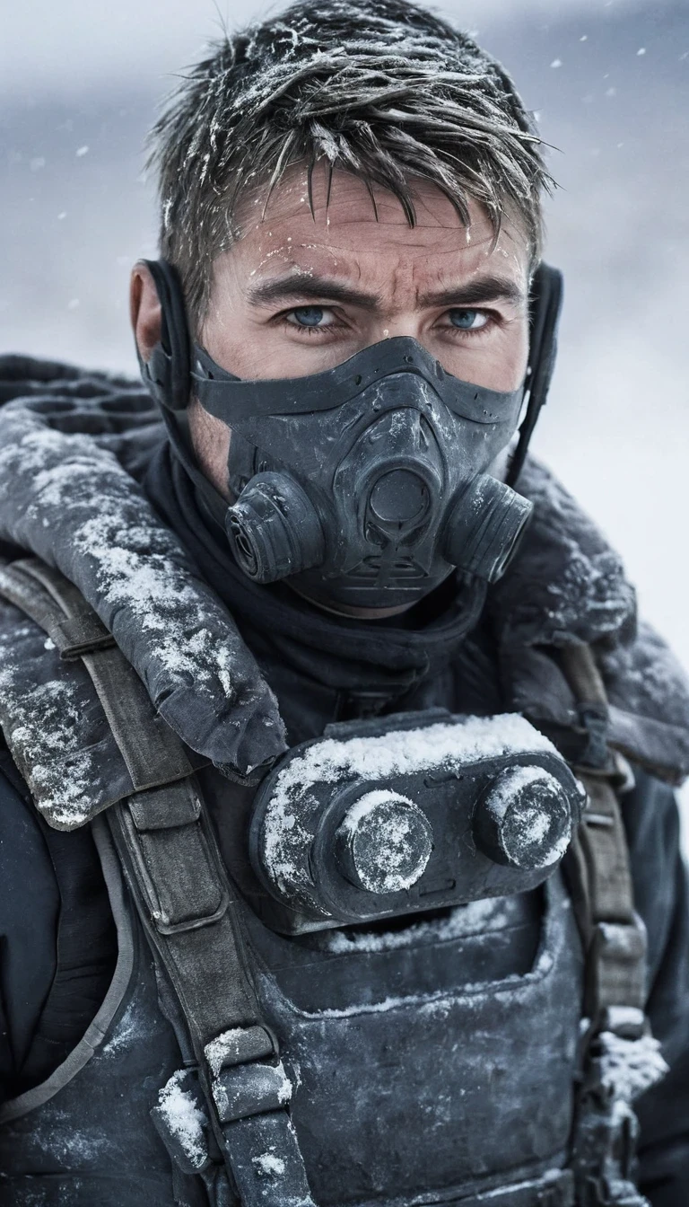 (Akós Major style),desolate wasteland landscape, futuristic, post-apocalyptic, armed bandit, strong-willed expression, tight-fitting stealth suit, thick and arched eyebrows, short salt-and-pepper hair, weathered face, holding a heavy weapon, bandage wrapped around the head, background: snowy wilderness in Siberia or Northeast, devastated after nuclear catastrophe.