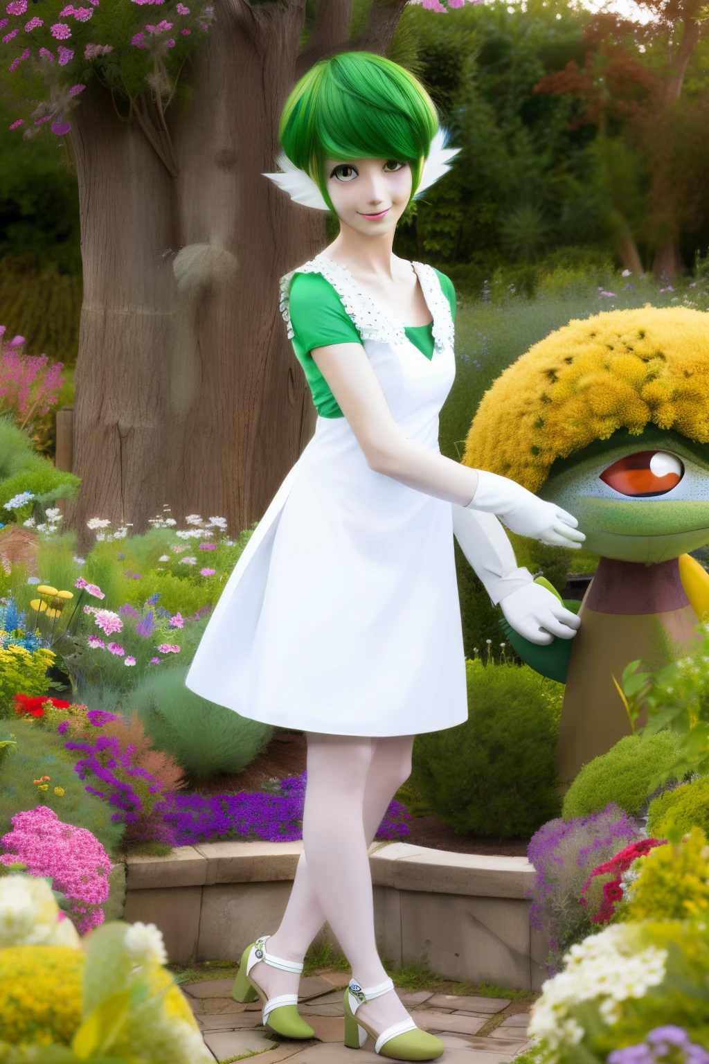 masterpiece, best_quality, 1girl, solo, gardevoir, white dress, creatures \(company\), game freak, nintendo, pokemon, pokemon \(game\), bangs, colored skin, feminine focus, big chest, big breasts, pokemon gen 3, green hair, green skin, hair over one eye, multicolored skin, pokemon \(creature\), red eyes, short hair, two-tone skin, white skin, garden, freckles, animatronic, looking at viewer