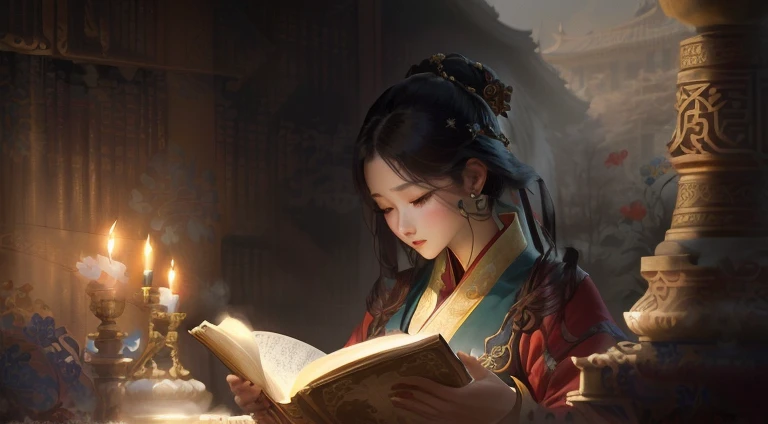 arafed woman reading a book in a library with candles, palace , a girl in hanfu, artwork in the style of guweiz, by Yang J, wearing ancient chinese clothes, beautiful character painting, inspired by Qiu Ying, by Li Fangying, by Zhou Wenjing, inspired by Wu Zuoren, beautiful render of tang dynasty