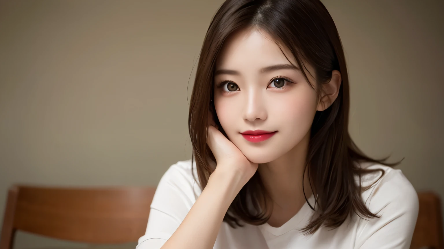 on the table, best quality, shape, Super detailed, Finely, high resolution, 8k wallpaper, 完璧なダイナミックな構shape, Beautiful and delicate eyes, Medium Length Hair, Small Breasts, Natural lipstick, Casual sexy pose,Smile,20 year old girl、midnight、Beautiful and detailed face、Perfect beautiful face,big eyes、original photo、Beautiful and delicate eyes、Small face、Beautiful duplex、Facelift and style,shirt、Beautiful golden ratio face,Long hair