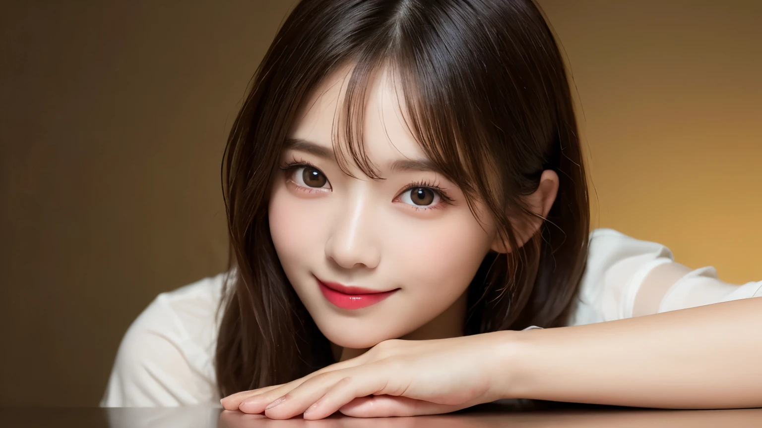 on the table, best quality, shape, Super detailed, Finely, high resolution, 8k wallpaper, 完璧なダイナミックな構shape, Beautiful and delicate eyes, Medium Length Hair, Small Breasts, Natural lipstick, Casual sexy pose,Smile,20 year old girl、midnight、Beautiful and detailed face、Perfect beautiful face,big eyes、original photo、Beautiful and delicate eyes、Small face、Beautiful duplex、Facelift and style,shirt、Beautiful golden ratio face,Long hair
