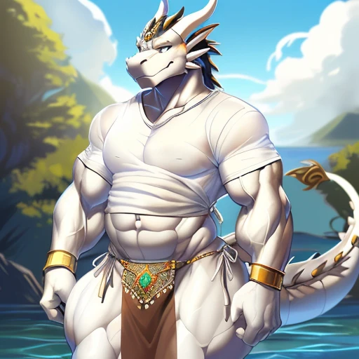 hi res,(((dragon, furry))), (  ), anthro, , , ((((long loincloth)))), ((((lingerie bikini, s\ex\y bikini, side-tie panties, tiny black thong)))), (((( male,  , anthro, slim, skinny, )))), male, , anthro, , slim, Skinny, tail, adults, mature, (((male))), (((((((((solo))))))))) outside, plant, standing, sea, tree, (water), detailed background,by milkytiger1145,by takemoto arashi,by null-ghost, cold atmosphere, open smile, soft  blush, , (((((((((((wearing white tshirts))))))))))), (((((((((muscular thighs, thick thighs, wide hips))))))))), (((((golden accessory, loincloth accessory, loincloth jewelry, jewels and ornaments for loincloth, s\ex\y loincloth, belly dancer outfit, long pelvic curtain, narrow loincloth)))))