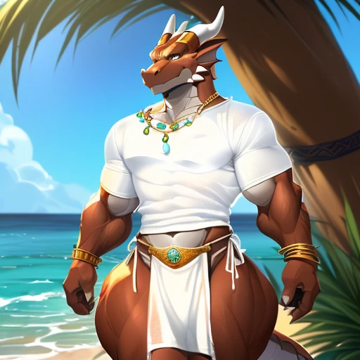 hi res,(((dragon, furry))), (  ), anthro, , , ((((long loincloth)))), ((((lingerie bikini, s\ex\y bikini, side-tie panties, tiny black thong)))), (((( male,  , anthro, slim, skinny, )))), male, , anthro, , slim, Skinny, tail, adults, mature, (((male))), (((((((((solo))))))))) outside, plant, standing, sea, tree, (water), detailed background,by milkytiger1145,by takemoto arashi,by null-ghost, cold atmosphere, open smile, soft  blush, , (((((((((((wearing white tshirts))))))))))), (((((((((muscular thighs, thick thighs, wide hips))))))))), (((((golden accessory, loincloth accessory, loincloth jewelry, jewels and ornaments for loincloth, s\ex\y loincloth, belly dancer outfit, long pelvic curtain, narrow loincloth)))))